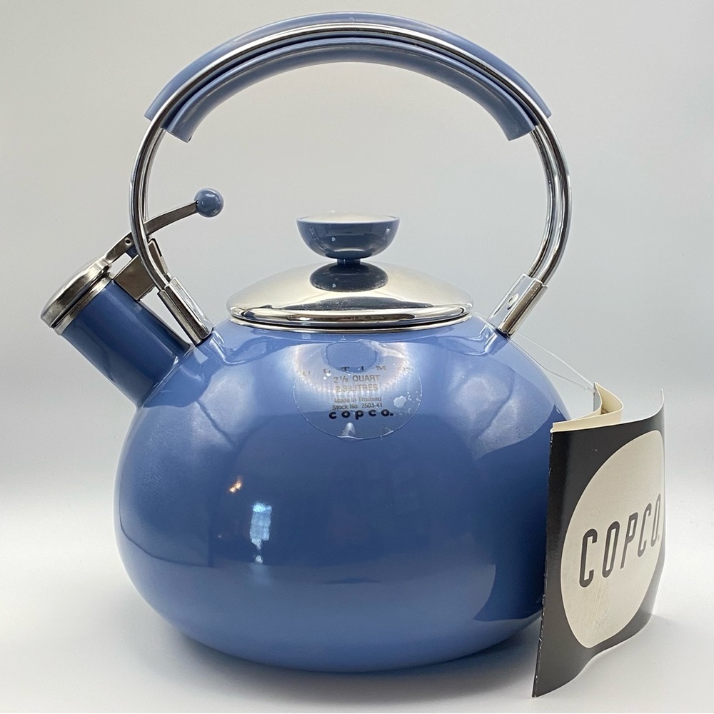 Vintage NEW Copco Ultimo Sam Lebowitz Whistling Tea Kettle Blue Enamel on Steel